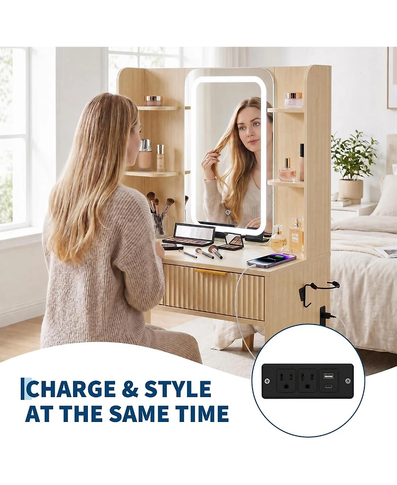 Gaomon Vanity Desk with Mirror and Led Light,Makeup Dressing Table Set Charging Station, Drawers Storage, Bedroom Makeup