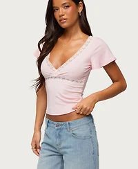 Edikted Women's Yvetta Lacey V-Neck Lace Flutter-Sleeve Blouse
