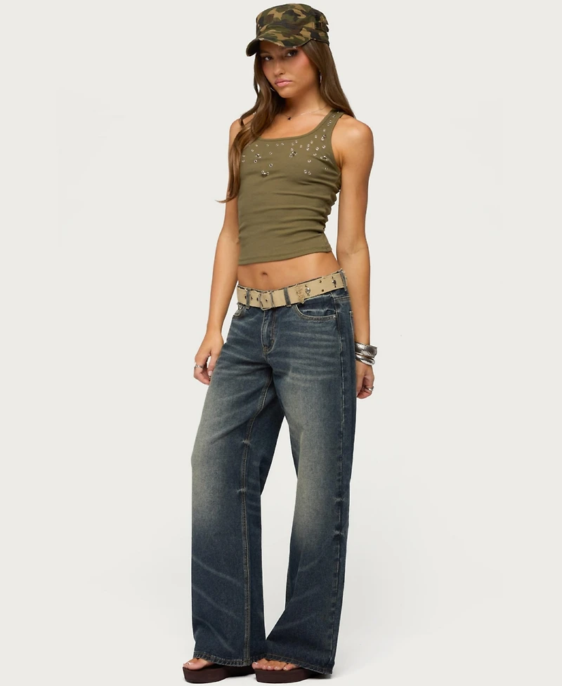 Edikted Womens Pierced Grommet Ribbed Tank Top