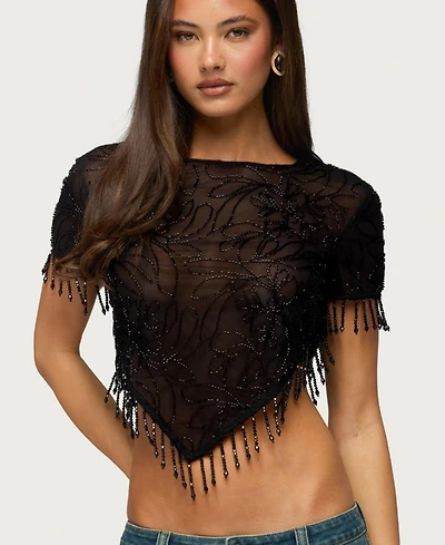 Edikted Women's Yanna Beaded Fringe Mesh Poncho Top