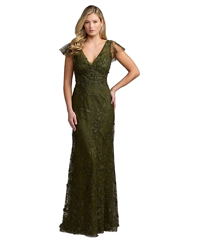 Mac Duggal Women's Petite V-Neckline Embroidered Applique Wrap Over Flutter Sleeve Gown