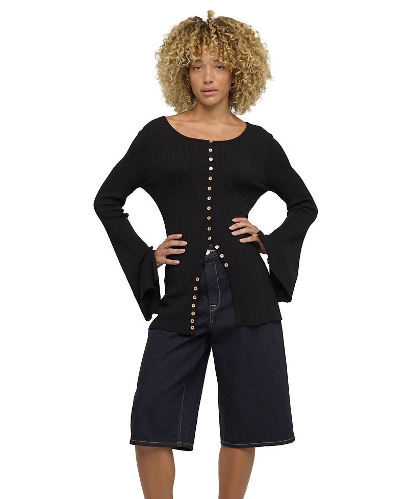 Blank Nyc Women's Ribbed-Knit Bell-Sleeve Button-Up Top