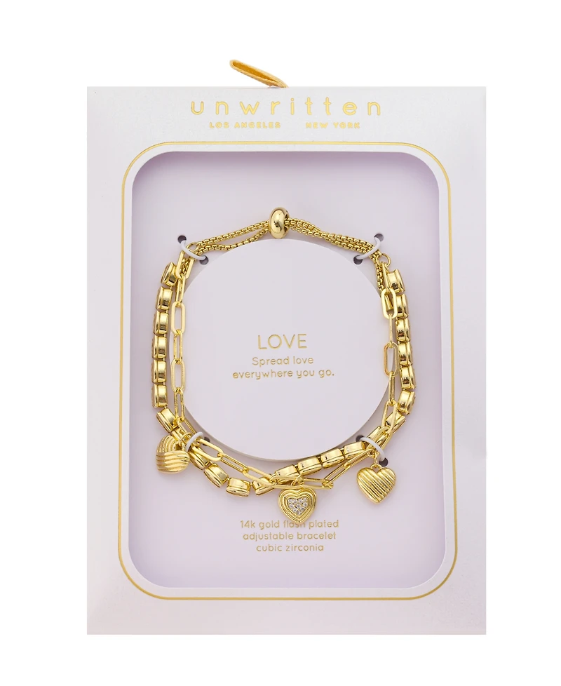 Unwritten Cubic Zirconia Gold-Plated Heart Charm Double Layer Bolo Bracelet