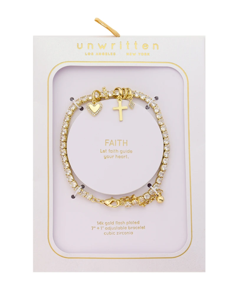 Unwritten Cubic Zirconia Gold-Plated Cross and Heart Charm Tennis Bracelet