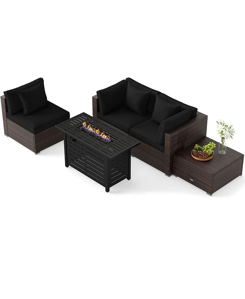 Costway 5 Pieces Patio Furniture Set Heavy-duty Frame Rattan Sofa with 60,000 Btu Firepit Table