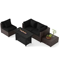 Costway 5 Pieces Patio Furniture Set Heavy-duty Frame Rattan Sofa with 60,000 Btu Firepit Table