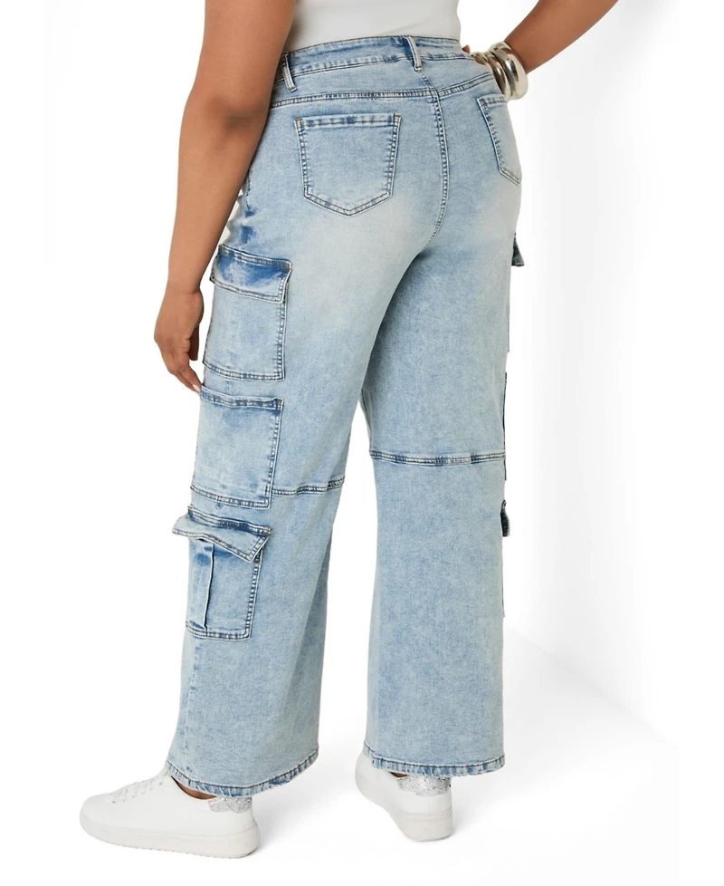 Ashley Stewart Plus Cargo Acid Wash High-Waisted Jeans
