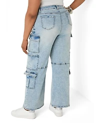 Ashley Stewart Plus Cargo Acid Wash High-Waisted Jeans
