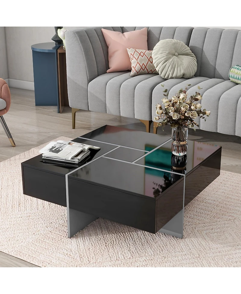 Clihome On-trend Unique Design Coffee Table with 4 Hidden Storage Compartments, Square Cocktail Extendable Sliding Tabletop,31.5"x 31.5"