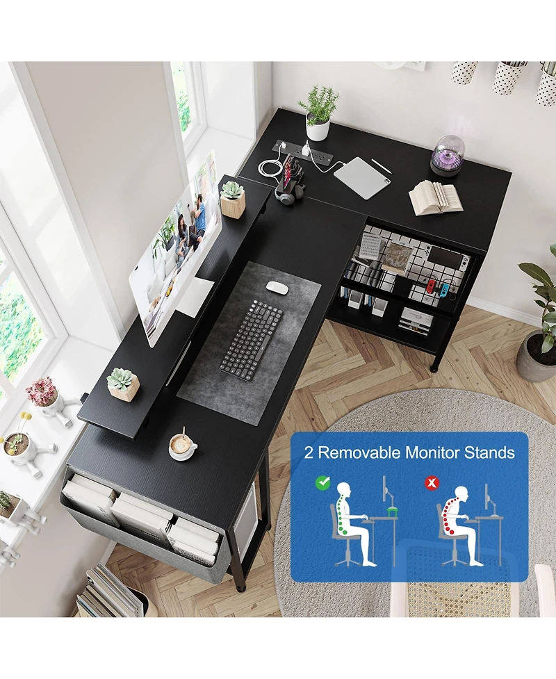 homfan 49" L Shaped Computer Desk with Power Outlet and Led Lights,Reversible Corner Writing Table,Storage Shelves, Monitor Stand