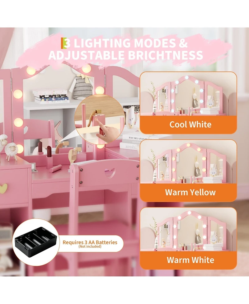 gaomon Kids Princess Vanity Table and Chair Set, Makeup Dressing with Mirror Lights, Toddler Pretend Play Beauty Toy for Girls