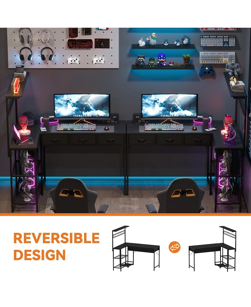 homfan L-Shaped Computer Desk with Power Outlets and Led Lights - 3-Tier Storage Shelves, Drawer, Reversible Wooden Workstation