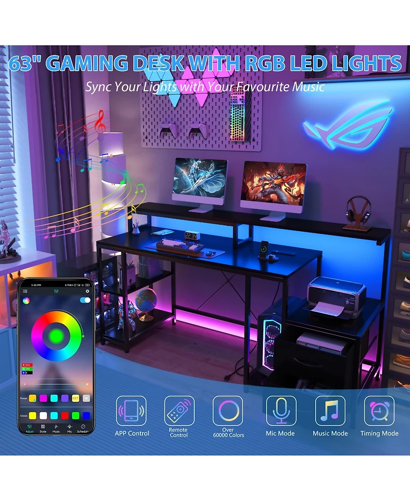 homfan Computer Gaming Desk with File Drawers, 63'' Home Office Power Outlets and Led Light, Printer Space, Monitor Stand, Storage