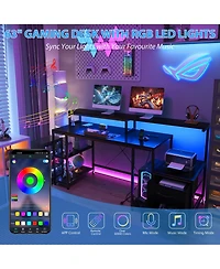 homfan Computer Gaming Desk with File Drawers, 63'' Home Office Power Outlets and Led Light, Printer Space, Monitor Stand, Storage