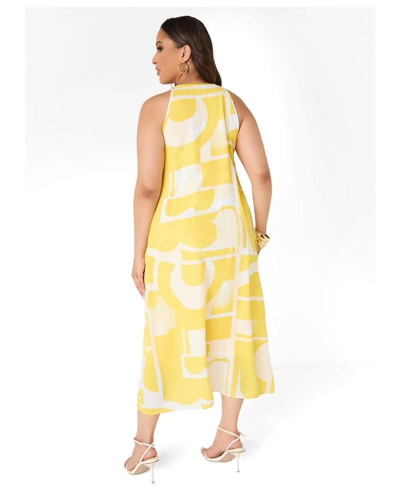Ashley Stewart Plus Abstract Print Cape Effect Halter Neckline Midi Dress