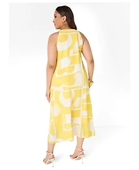 Ashley Stewart Plus Abstract Print Cape Effect Halter Neckline Midi Dress