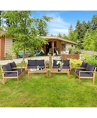 Gymax 8 Pieces Cushioned Wooden Conversation Set Patio Outdoor Furniture Set