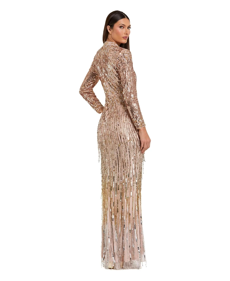 Mac Duggal Women's Long-Sleeve Ombre Sequin Fringe Gown