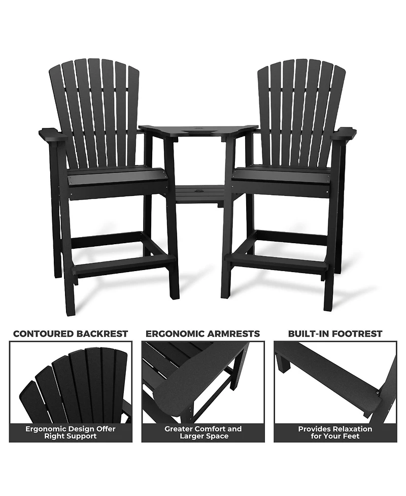 homfan Set of 2 Adirondack Bar Height Chairs with Connecting Tray and High Back, Weather-Resistant Hdpe Patio Barstools for Deck