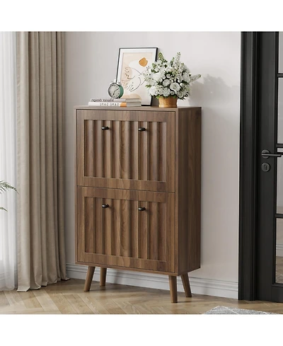 Boyel Living 23.6-Inch Mid-Century Modern Shoe Cabinet, Freestanding Entryway Storage with Vertical Grooved Finish and 2 Flip Drawers for Hallway