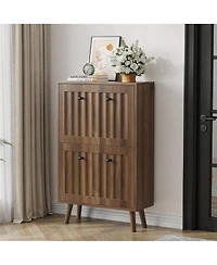 Boyel Living 23.6-Inch Mid-Century Modern Shoe Cabinet, Freestanding Entryway Storage with Vertical Grooved Finish and 2 Flip Drawers for Hallway