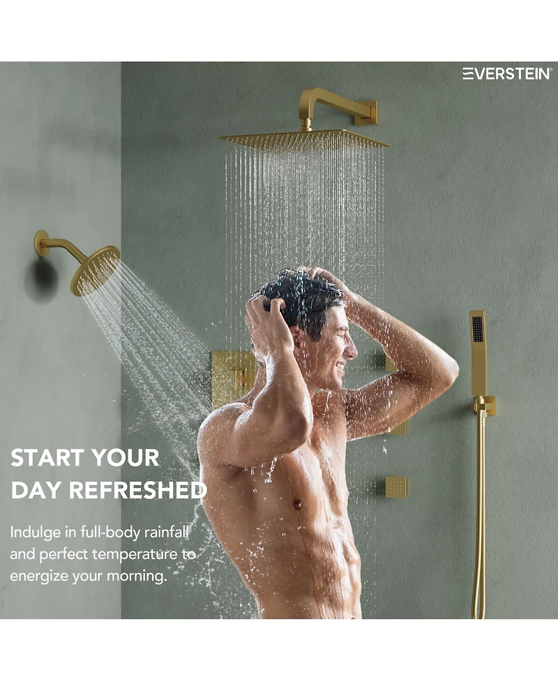 Everstein Thermostatic Dual Showerheads System Wall Mount 12" High-Pressure Rainfall Shower Faucet with Handheld Spray and Body Jet