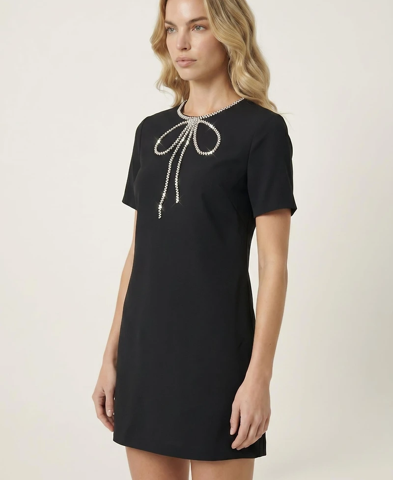 Modenaire Women's Rhinestone Bow Shift Mini Dress