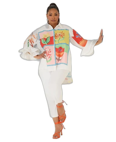 Ashley Stewart Plus Amore Long-Sleeve Ruffled Hi-Low Shirt