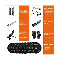 Sevorley Home Gym Power Cage Set with Lat Pulldown lb Bumper Plates Bench Barbell and Cable Attachments