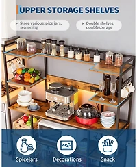 homfan 4-Tier Industrial Baker's Rack with Power Outlet, 6 Hooks and Wire Basket, Adjustable Feet