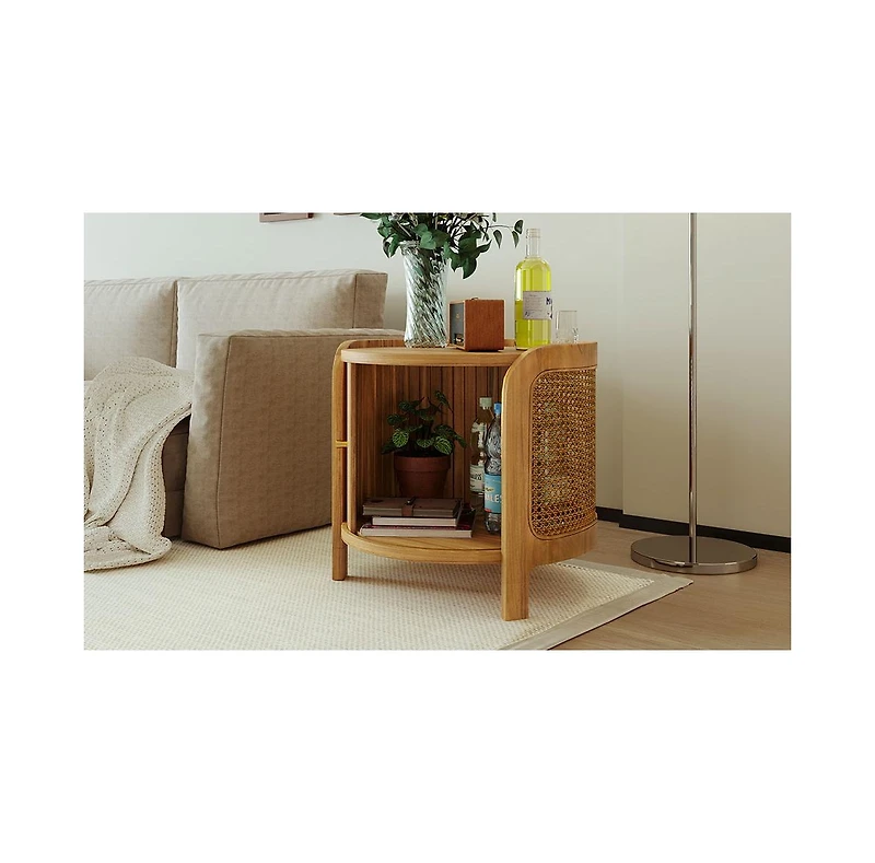 Flynama Round Rotating Coffee Table Rattan Hidden Storage Mdf Modern Living Room Table