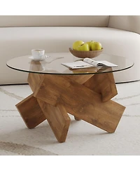 Flynama Modern Round Glass Coffee Table 33 Inch Tempered Top Wood Leg Living Room Table