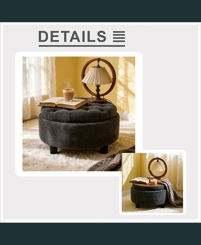 flynama 25 Inch Round Storage Ottoman, Tufted Fabric