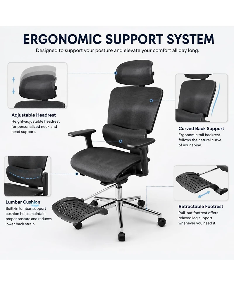 gaomon Fabric Ergonomic Office Chair with Footrest, Adjustable Height and Arms, Split Back, Manual Recline, Home Computer Chair for Adults