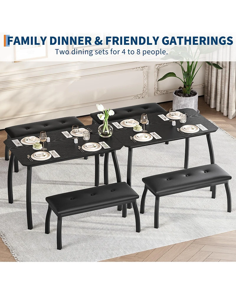 homfan 3-Piece Dining Set for 4, Cut-Angle Tabletop Metal Frame, 2 Soft Pu Padded Benches, Industrial Kitchen Dinette