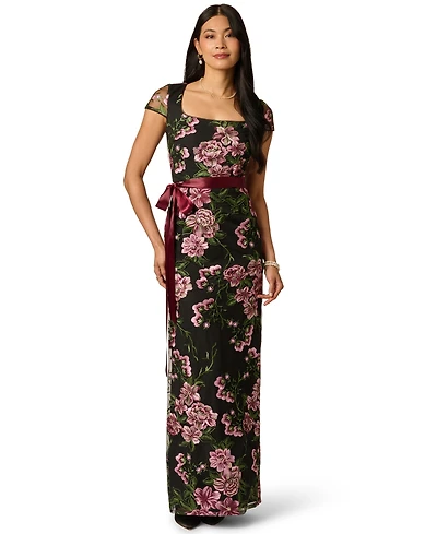 Adrianna Papell Women's Cascading Floral Column Square-Neck Gown