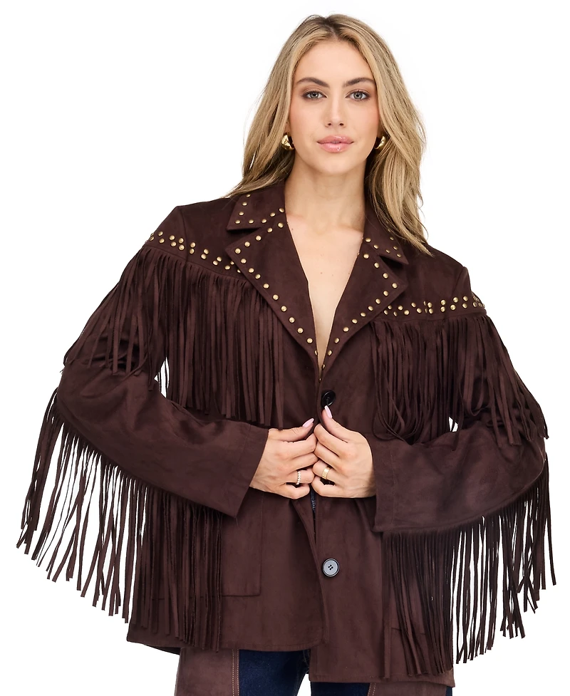Kittenish Women's Montana Faux-Suede Studded Fringe Jacket
