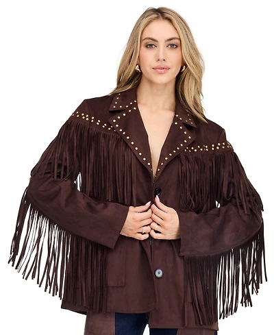 Kittenish Women's Montana Faux-Suede Studded Fringe Jacket