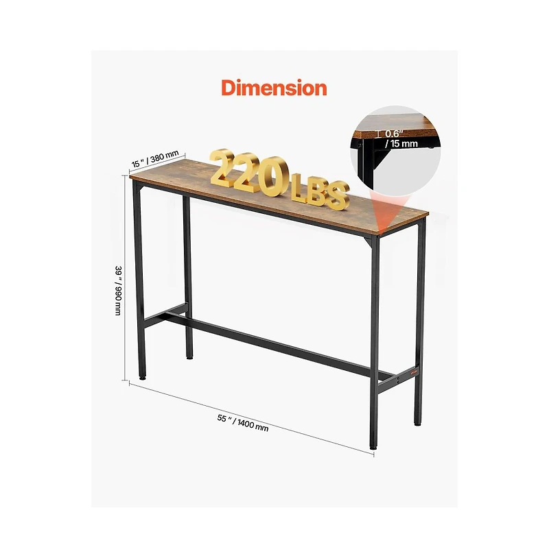 Slickblue 55x15 Inch Rustic Bar Table High Top Counter Desk with Metal Frame