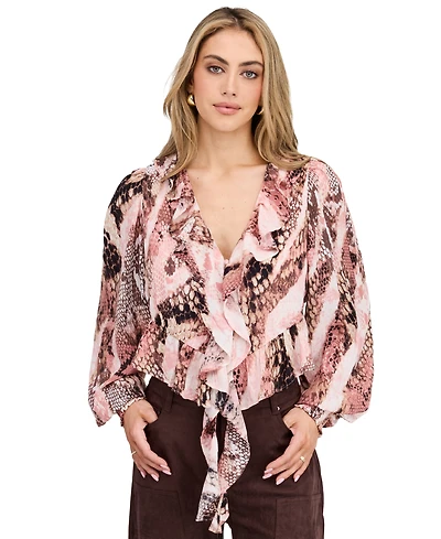 Kittenish Women's Audrey Yoryu Long-Sleeve Ruffle Snake-Print Blouse