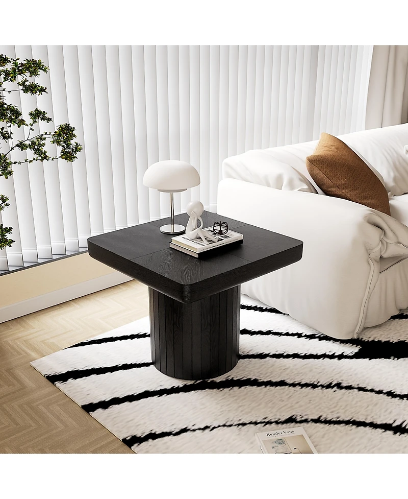flynama 23.6" Modern Square End Table, Solid Wood Veneer Parquet Top with Grooved Cylindrical Base