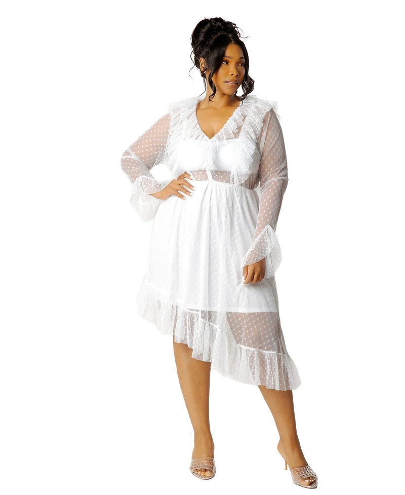 Buxom Couture Plus Asymmetrical Polka Dot Mesh Ruffle Dress