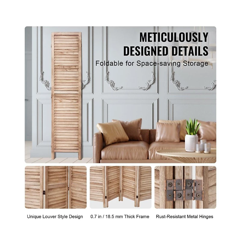 Slickblue Wooden Folding Room Divider, 4 Panel Privacy Screen, Tall Louvered Partition for Indoor Spaces-Burlywood