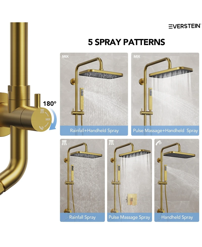 Everstein Pressure-Balanced Shower Faucet System Wall Mount Rainfall Head with Slider Bar Handheld