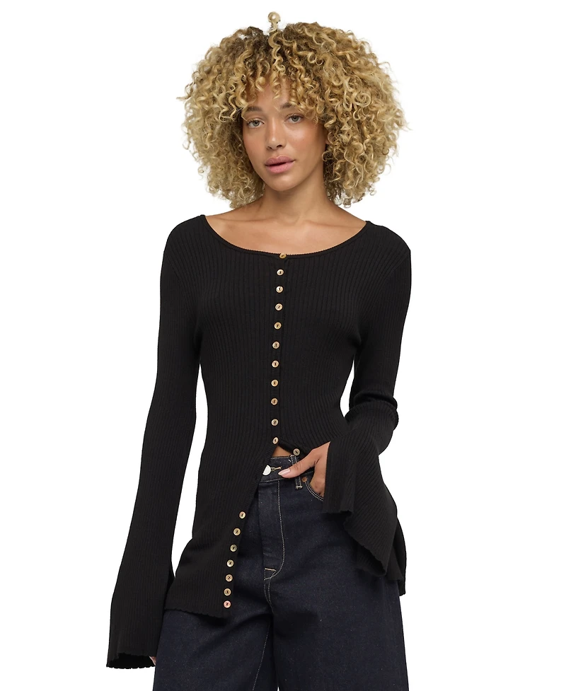 Blank Nyc Women's Ribbed-Knit Bell-Sleeve Button-Up Top