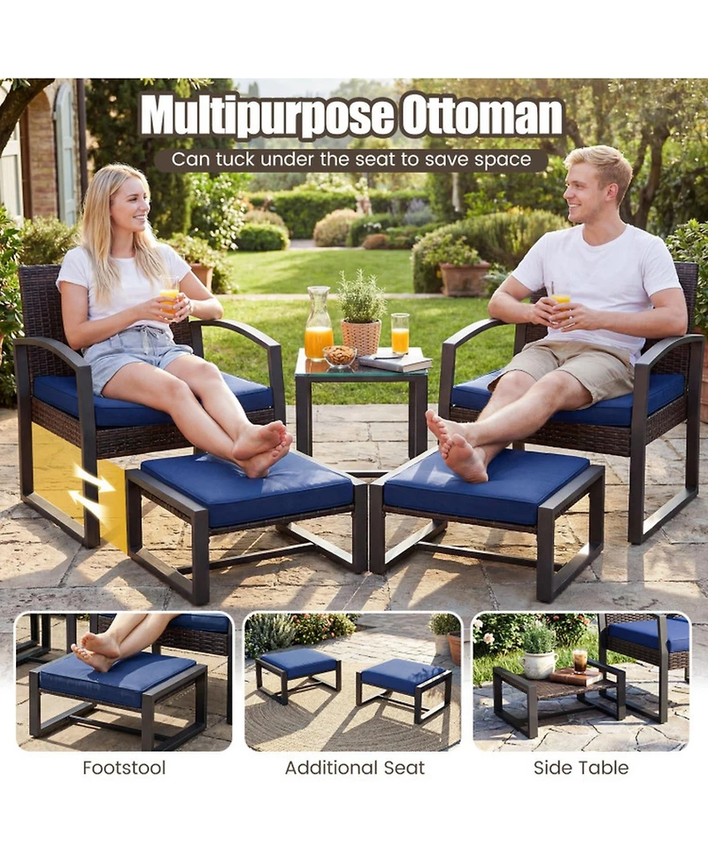 Gouun Patio Conversation Set with 2 Ottomans and Tempered Glass Table