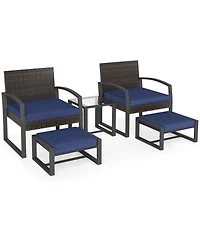 Gouun Patio Conversation Set with 2 Ottomans and Tempered Glass Table