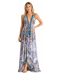 La Moda Clothing Women's Floral-and-Paisley Patchwork Plunge-Halter Open-Back Maxi Dress