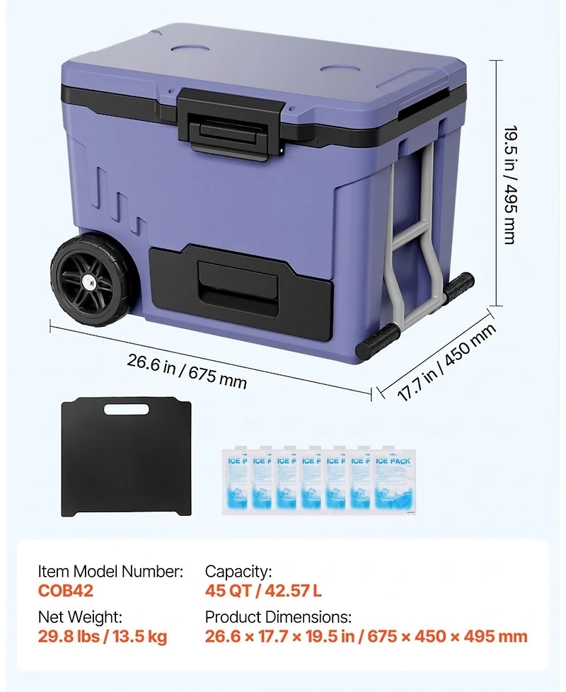 Hongge Ultra-Light 45 Quart Rolling Hard Cooler with Wheels Keeping Contents Cold up to 48 Hours
