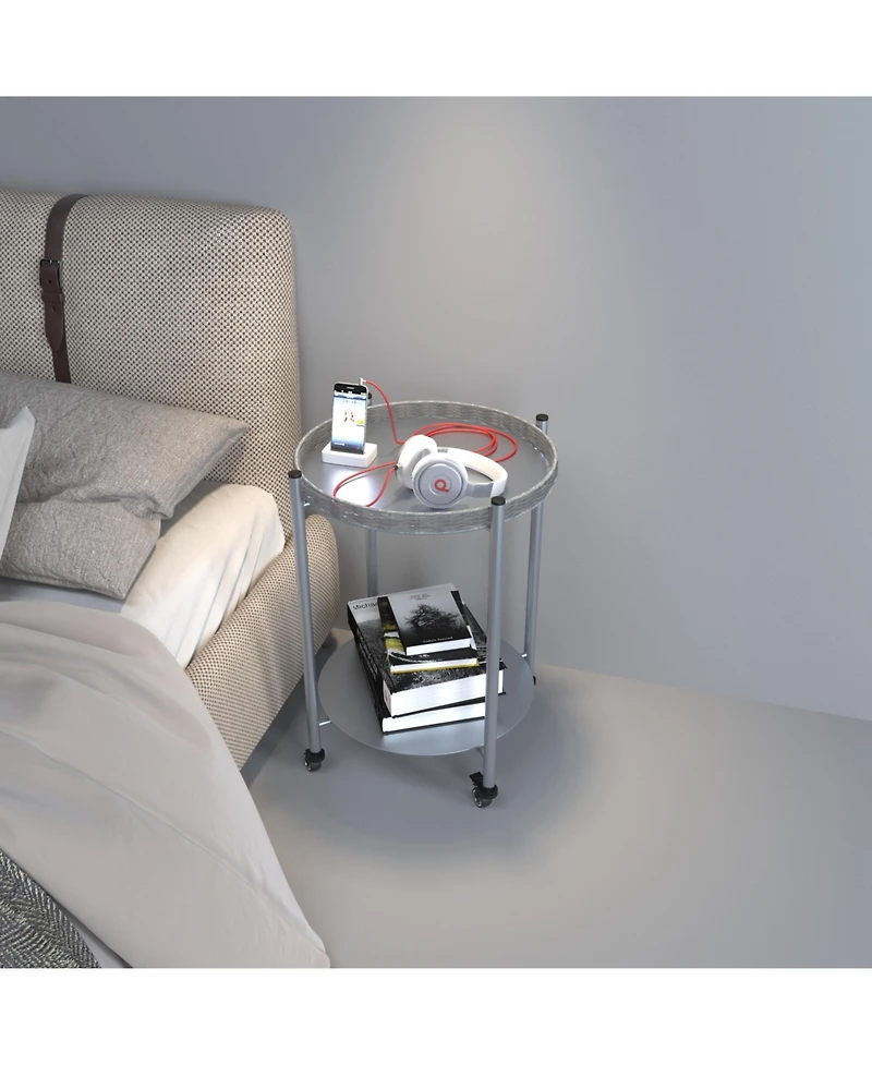 flynama 2-Tier Movable Round Side Table with Lockable Wheels